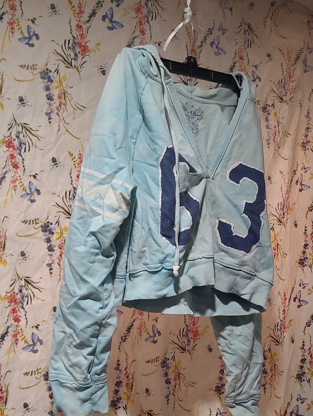 No Boundaries Light Blue Hooded Sweatshirt with Navy Applique Numbers